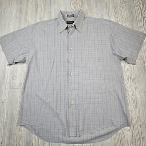 Van Heusen Shirt Mens Large Gray Blue Plaid Short Sleeve‎ Button Up Wrinkle Free